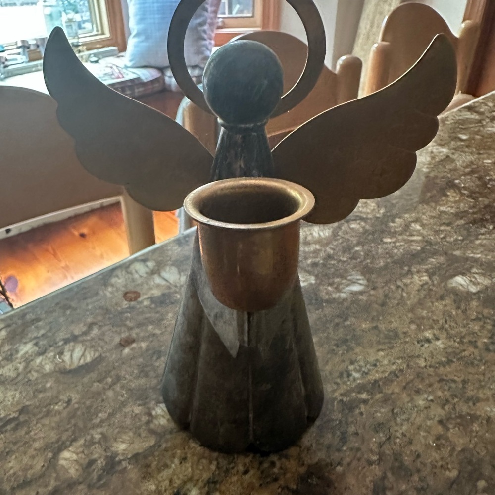 Metal angel with halo taper candle holder